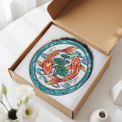 Koi Fish Stained Glass Window Panel，7.8H