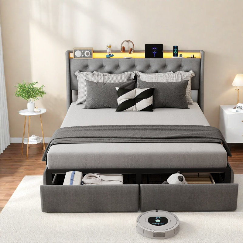 Lits avec rangement, cadre en métal Queen, plateforme DEL moderne pour la maison