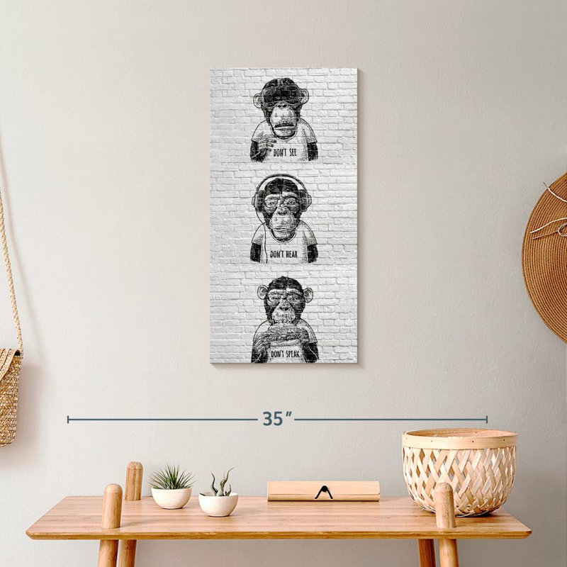 " Three Wise Monkeys BW " by Existencils, 24" H x 12" W x 1.25" D