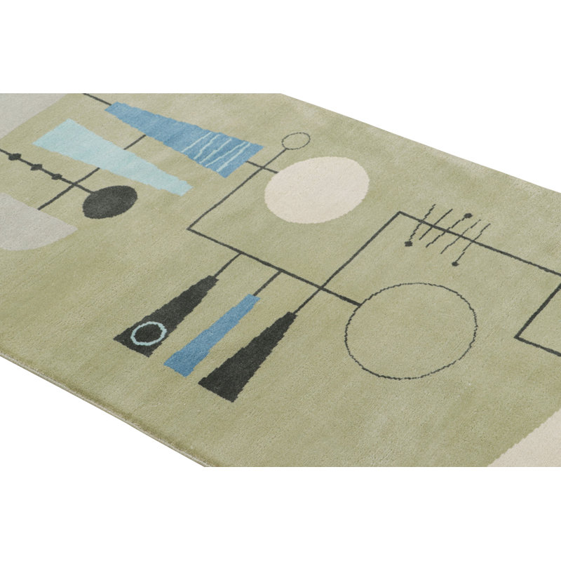 Mid Century Modern Hand Knotted Wool Geometric Area Rug, Runner 2'6" x 8'
