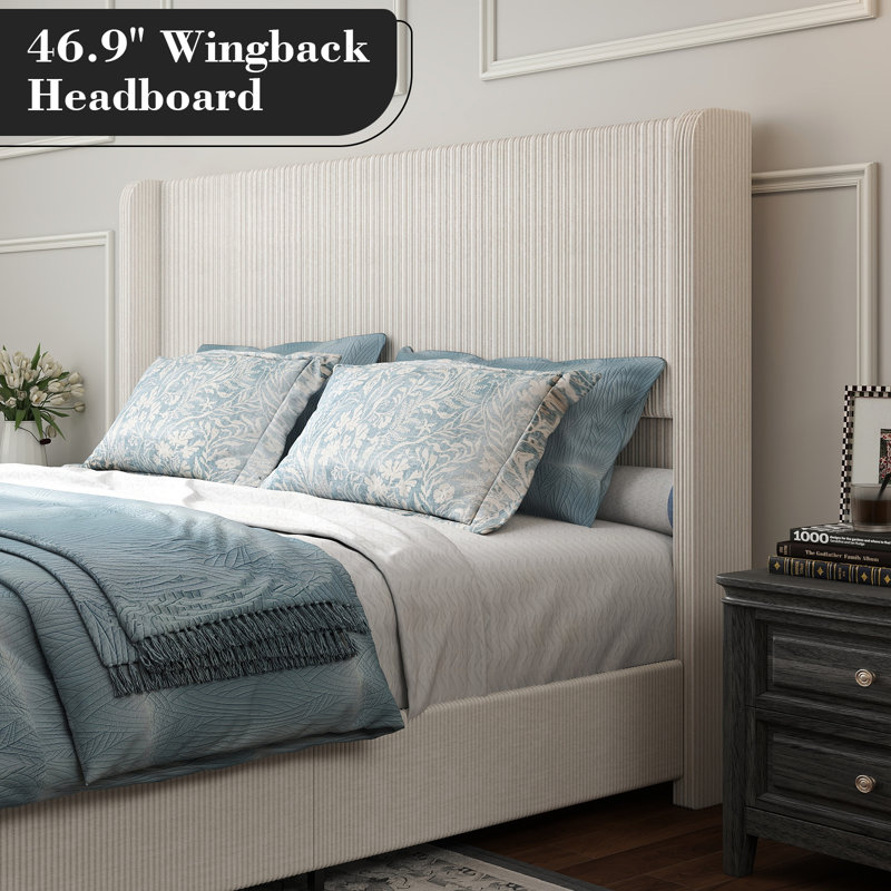 Corduroy Bed Frame with 47" Headboard, Upholstered Platfrom Bed with Vertical Stripe Wingback, King