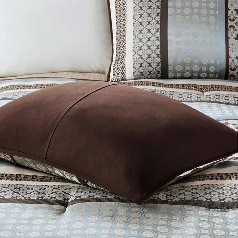 Édredon 7 pièces bleu très grand - avec motif géométrique, lavable à la machine, comprend 1 édredon, 2 taies décoratives, 3 coussins décoratifs, jupe de lit et motifs, 100%,