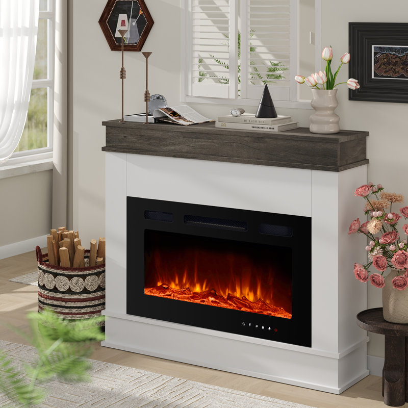 Electric Fireplace with Mantel, Fireplace TV Stand with Electric Fireplace Heater, Low Noise, Remote Control, Touch Screen, Timer, Adjustable Flame Color & Brightness