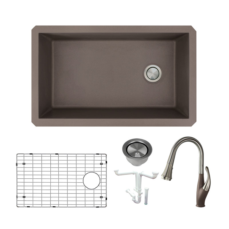 Évier de cuisine avec robinet encastré l 32 po x l 19 po granite Radius, Espresso, Acier inoxydable de luxe / Espresso