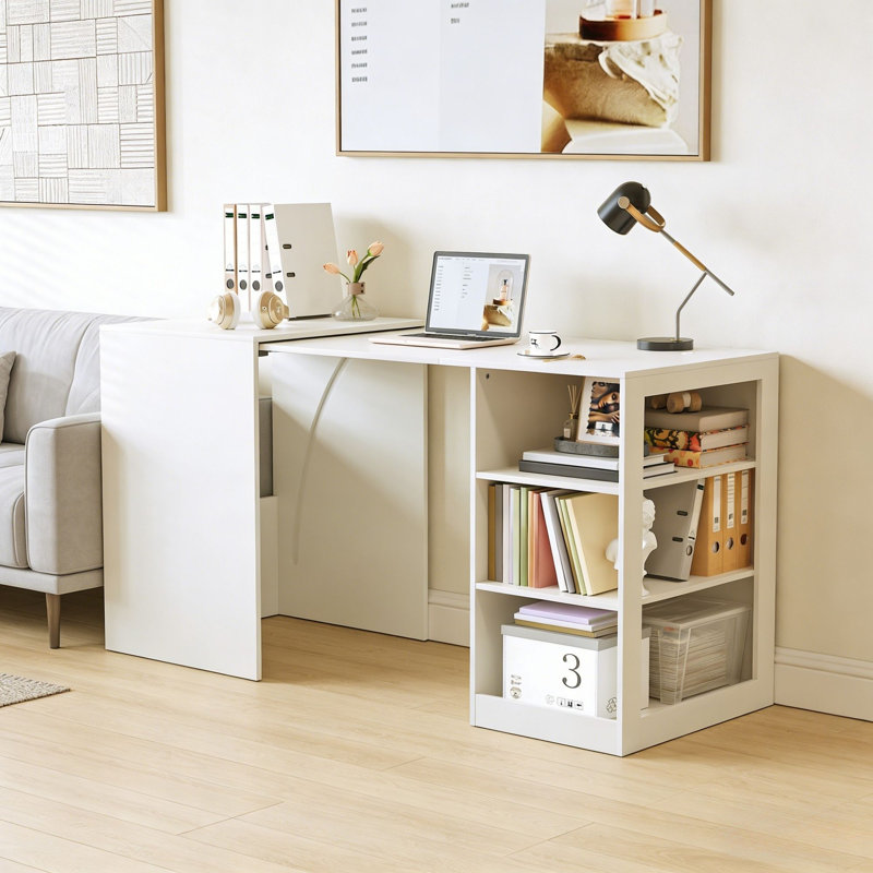 Bureau d'écriture extensible 19,3 "à 58" avec tablettes de rangement à 3 niveaux et roulettes, bureau à domicile peu encombrant