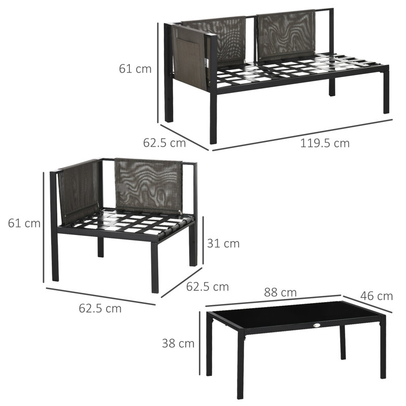 5 Seater Light Grey Garden Corner Sofa Set, 4 Piece Steel Furniture with Glass Top Coffee Table and Mesh Pockets