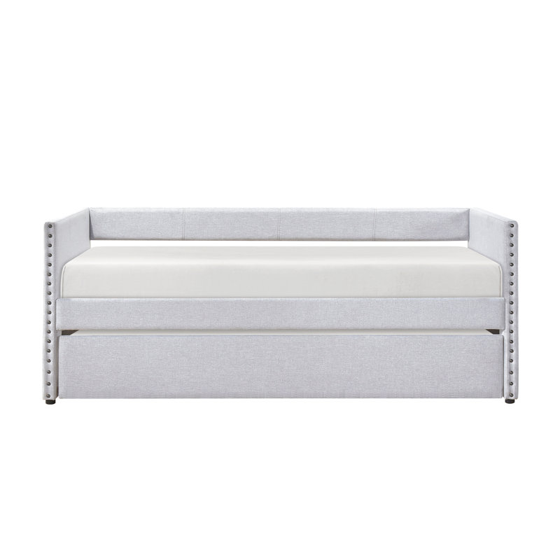 Lit de jour moderne avec lit gigogne escamotable avec poches latérales et garniture cloutée, Gris clair