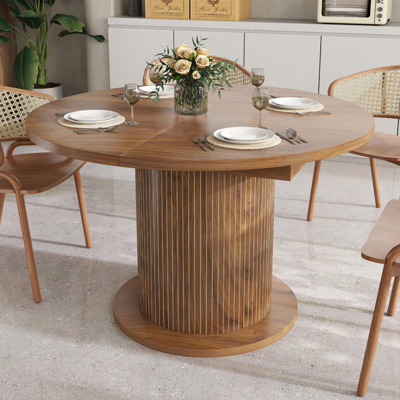 43-59" Extendable Round Dining Table For 4-6 People, Farmhouse Kitchen Table, Walnut