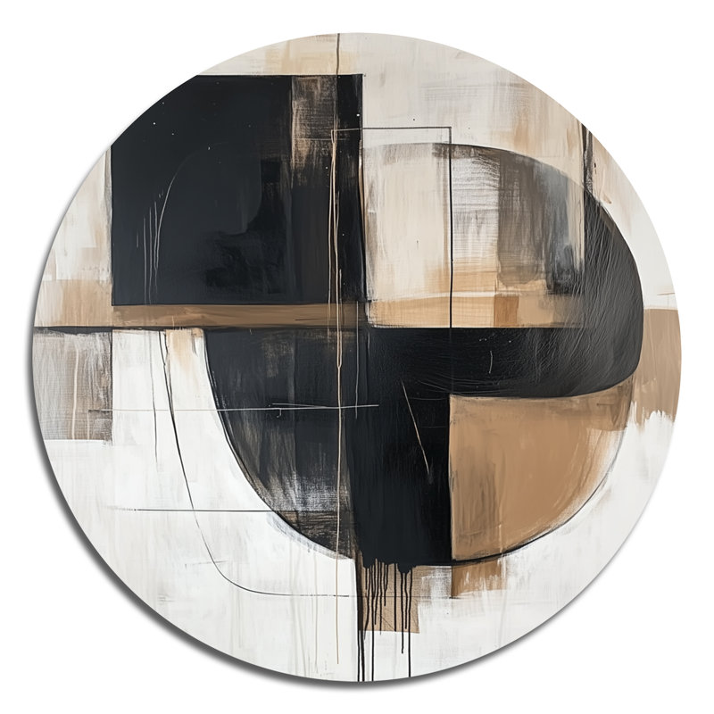Compositions minimalistes et géométriques dans des tons de nature - art mural rond en métal abstrait Mid-Century