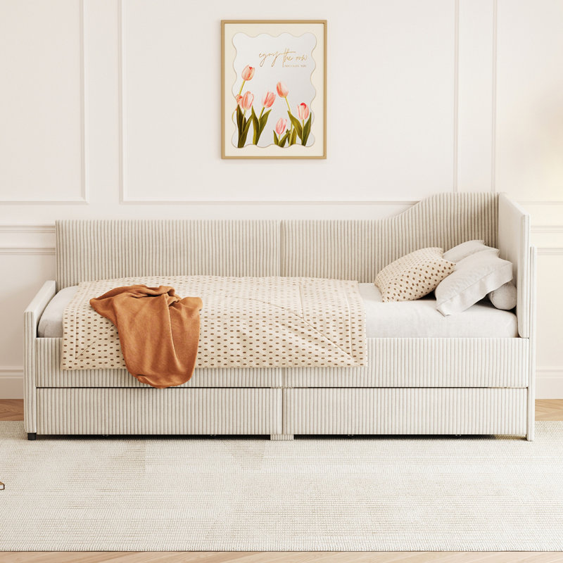 Cadre en velours côtelé avec 2 tiroirs de rangement, Beige