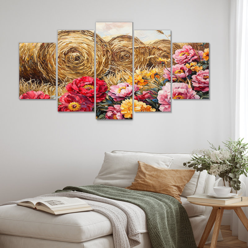 Provaire - pivoines - art mural traditionnel 5 pièces