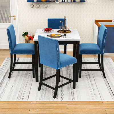 5Pcs Counter Height Dining Table Set with Faux Marble Tabletop and 4 Upholstered Chairs