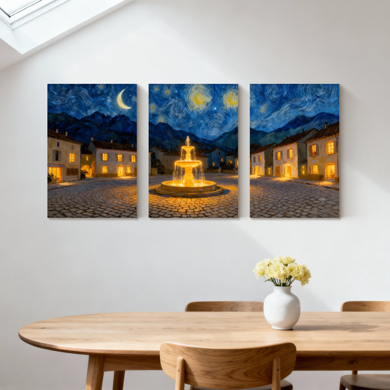 Abstrait nuit étoilée, village, scène de fontaine, ensemble de 3 impressions sur toile, H 30 po x l 60 po