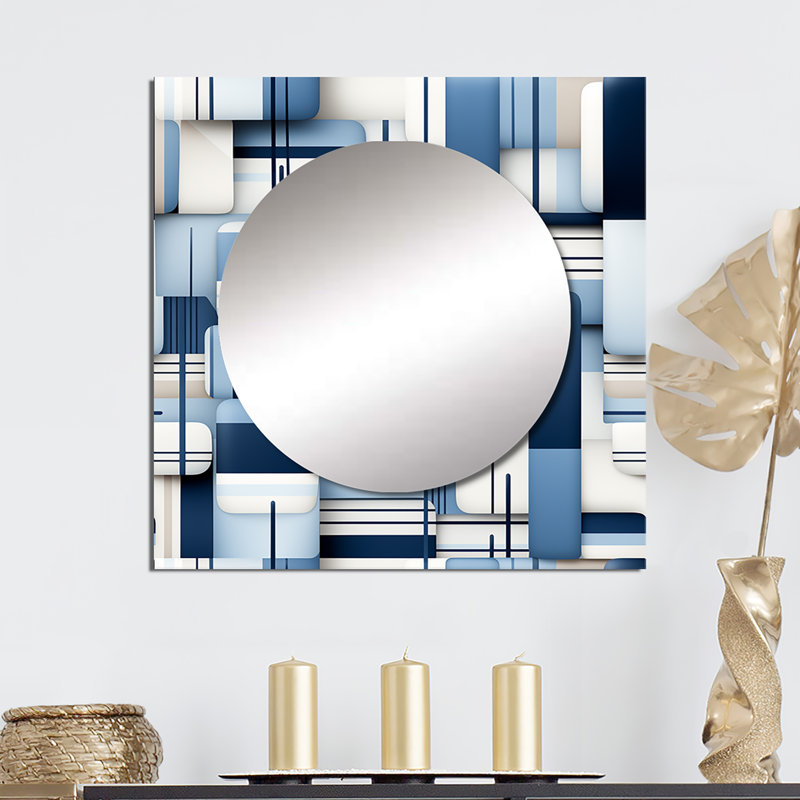 Harmonie de blocs géométriques blancs et bleus - miroir mural carré moderne pour salle de bain, 29 po x 29 po
