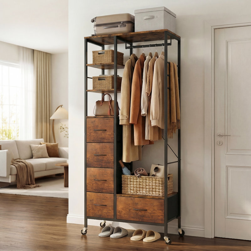 80cm Rolling Portable Wardrobe, Wood Grain