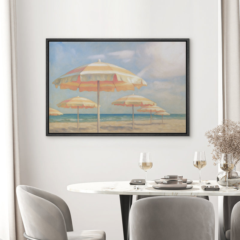 «Striped Beach Umbrellas Sunny Coastal Scene Summer», impression sur toile encadrée, H 16 po x l 24 po, Noir