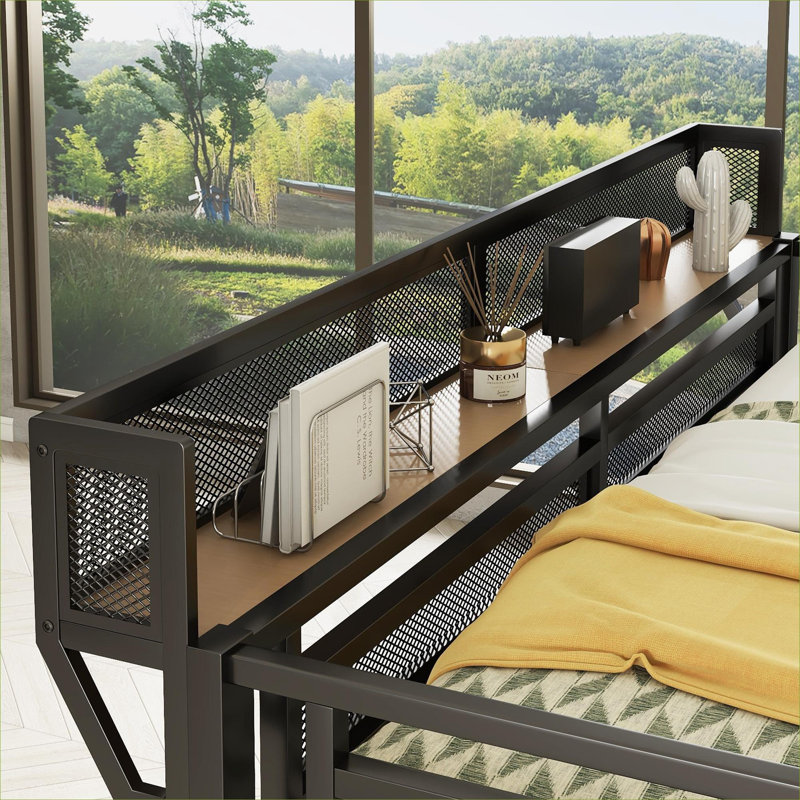 Classic Black Queen Size Metal Storage Loft Bed Frame with Integrated Desk and Built-In Charging Station, Queen