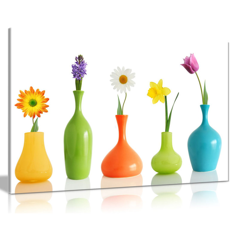 Fresh Look Spring Colorful Flowers In Vases On White - Wrapped Canvas Print, 76cm H x 51cm W