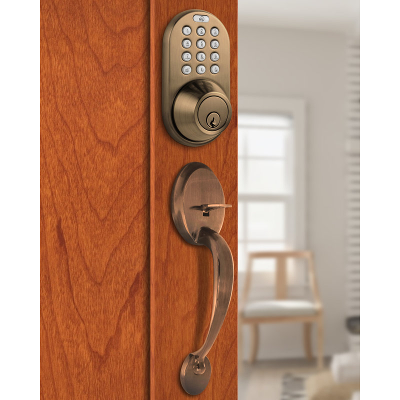Handleset with Smart Deadbolt and Door Knob and Rosette, Antique Brass