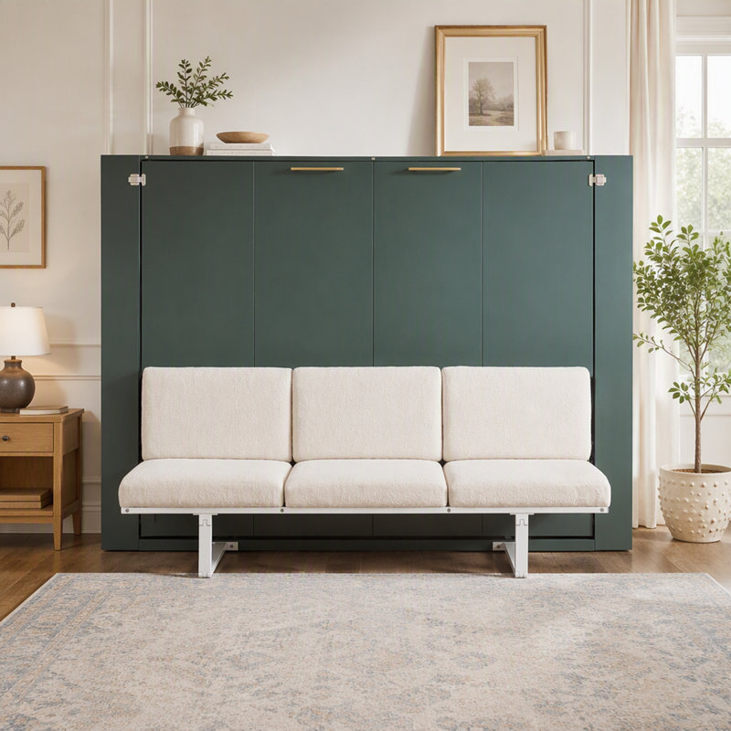 Lit escamotable avec canapé intégré, comprenant quatre tablettes de rangement intégrées et une station de chargement USB pratique pour gagner de la place.