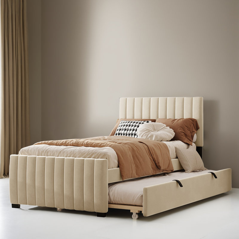Velvet Upholstered Platform Bed Frame with Trundle, Beige, Twin