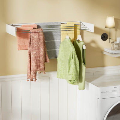 White Wall Mounted Drying Rack, Metal Folding Clothes Rack for Laundry Room, Patio, Outdoor