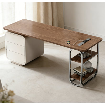 Bureau moderne en bois massif minimaliste avec base en acier inoxydable