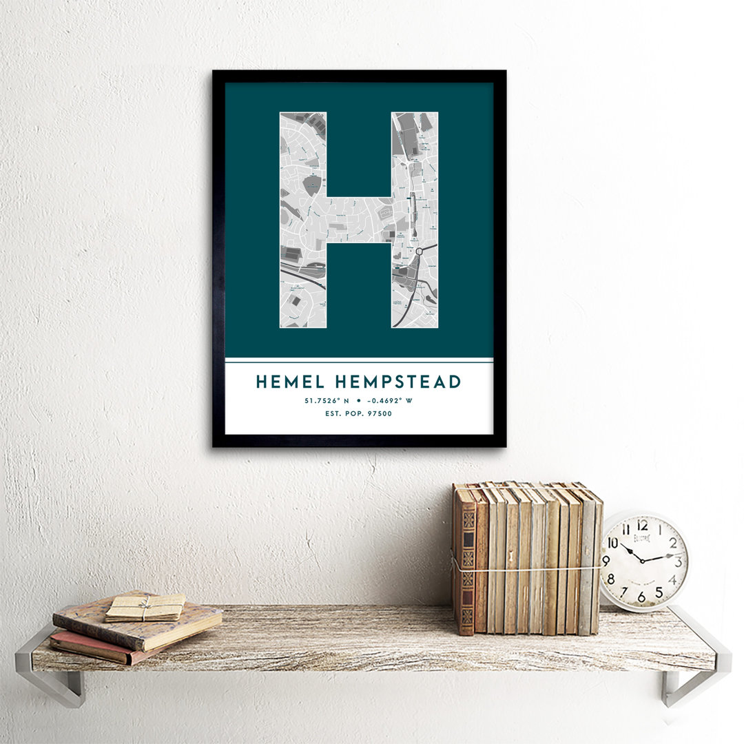 Hemel Hempstead City Map Hemel Hempstead England United Kingdom City Map Teal - Single Picture Frame Typography