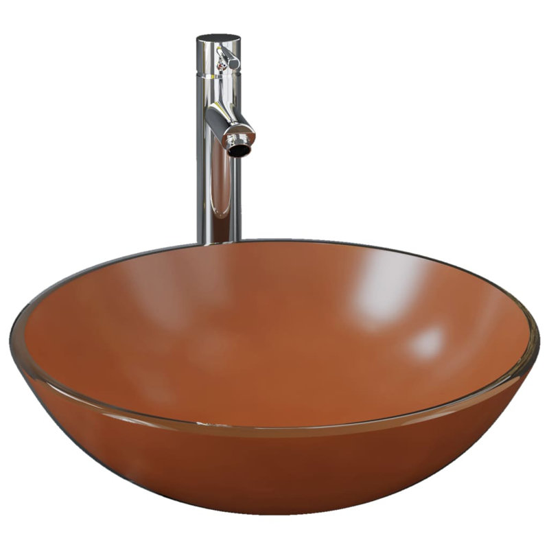 Symple Stuff Agustus 42 mm L x 420 mm W Glass Circular Sink with Tap and Overflow, Brown/Chrome