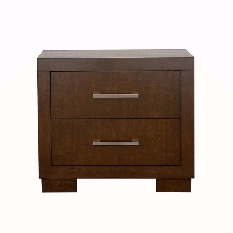 Table de chevet profonde avec deux tiroirs en cappuccino profond - Comprend un panneau de particules en feutre doublé de poignées argentées dans la finition 2 fabriquée, doublée, ornement de poignée