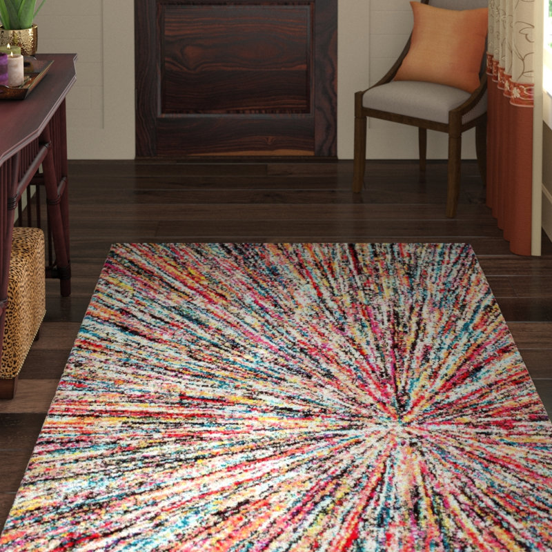 Tapis rouge / bleu / gris abstrait Lucy, Rectangle 4 pi 1 po x 6 pi