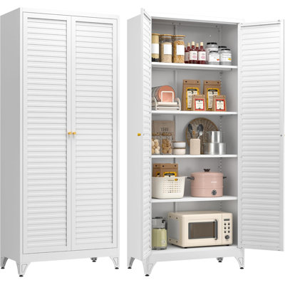 75" Kitchen Pantry Cabinet, White Metal Storage Cabinet with Doors and 4 Adjustable Shelves, Tall Metal Pantry Cabinets, Large Cupboard for Kitchen, D by Ebern Designs