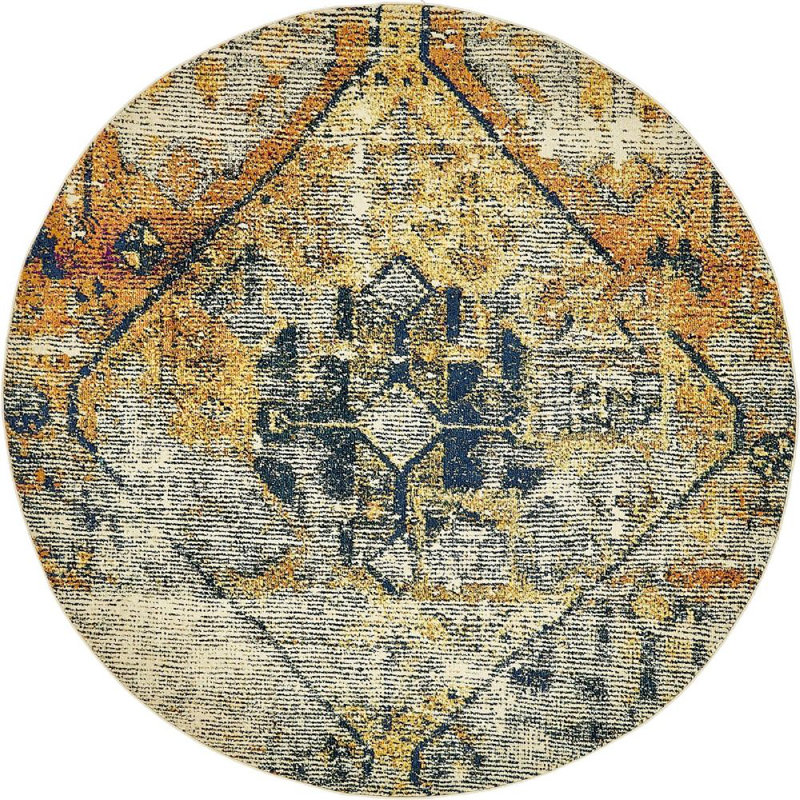 Brun oriental/Tapis décoratif bleu Munos, Rond 8 pi