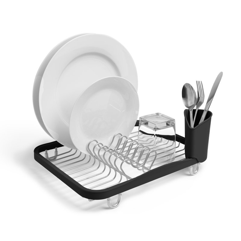 Black and Silver Metal Dish Rack with Utensil Cup