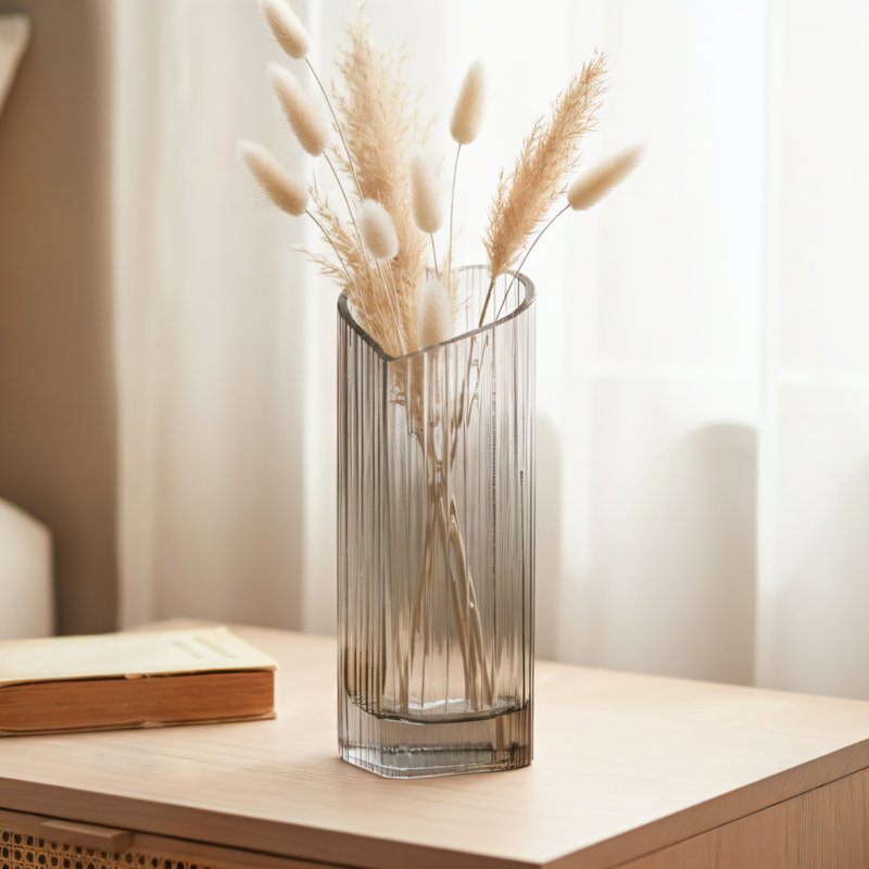  Vase en verre côtelé noir Elara, Gris fumée