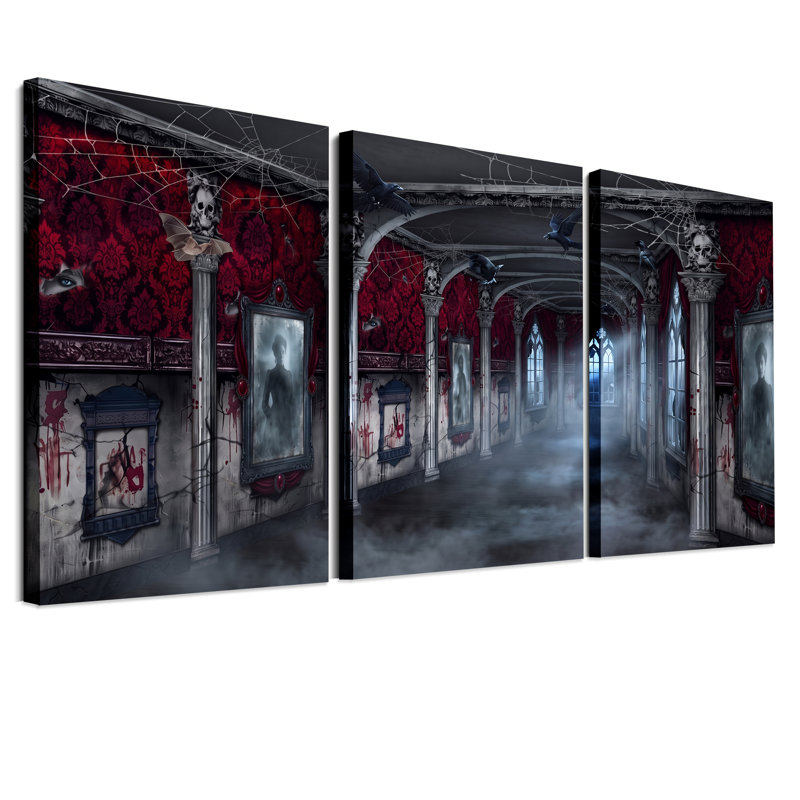 Couloir gothique avec murs damassés rouges et ensemble de 3 toiles murales d'Halloween, 24"H x 16"W x 3pcs