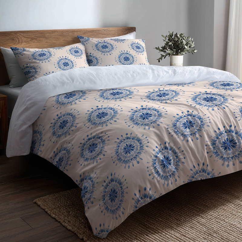 Ensemble de literie abstraite 4 pièces - Ensemble d'édredon bohème Mandala moderne bleu et beige