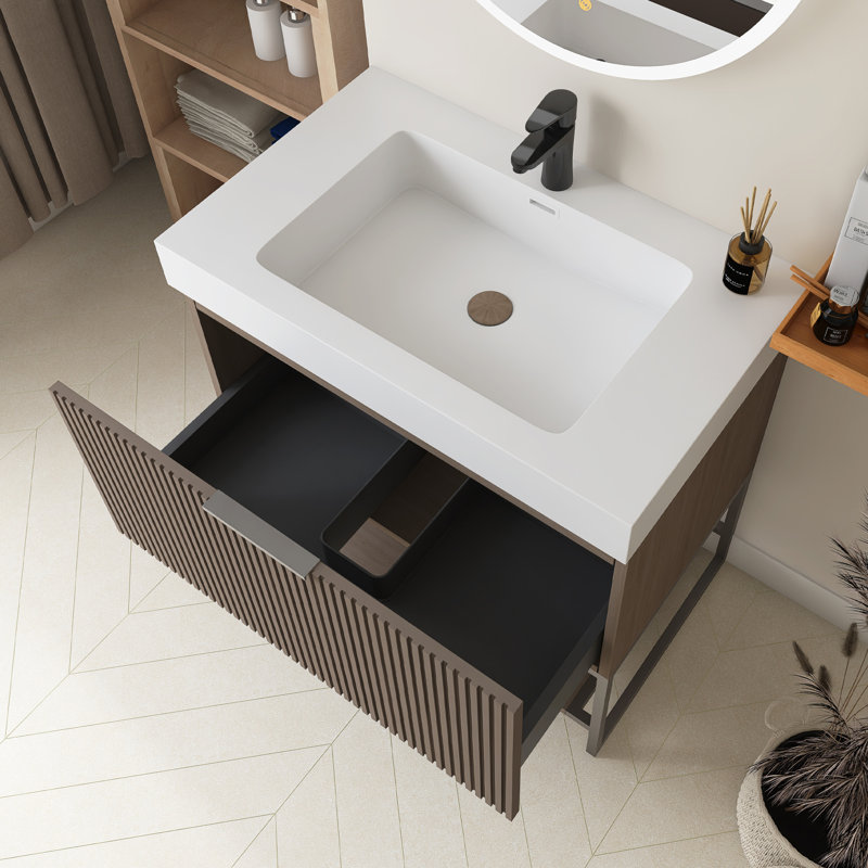 30 po X P 20 po P x 33 po Meuble-lavabo autoportant simple H en chêne brun avec plateau en acrylique blanc