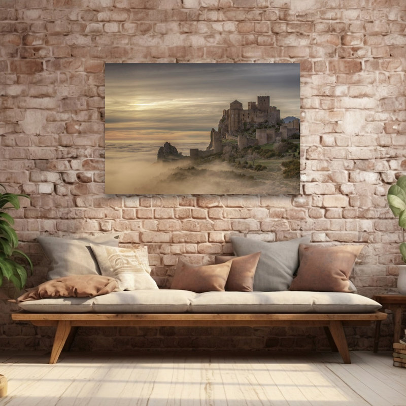 Château médiéval au-dessus de brouillard, impression abstraite, paysage contemporain, art mural, H 60 po x l 40 po