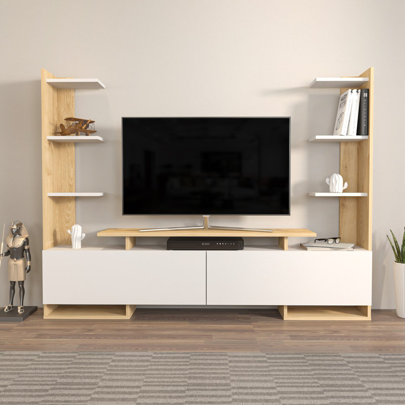 Modern TV Stand in White & Oak, 72.2 x 55.1 x 12.5 inches | 100% Melamine Coated Particle Board, Thickness: 0.7 inches | Scandinavian Design, Stylish & Functional Storage Solution for Living Room & Entertainment Areas