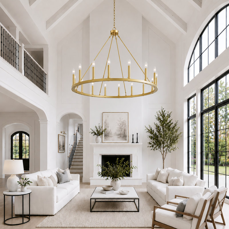 Adriana 47" W 16-Light Dimmable Wagon Wheel Chandelier with Sloped Ceiling Adapter, Satin Brass