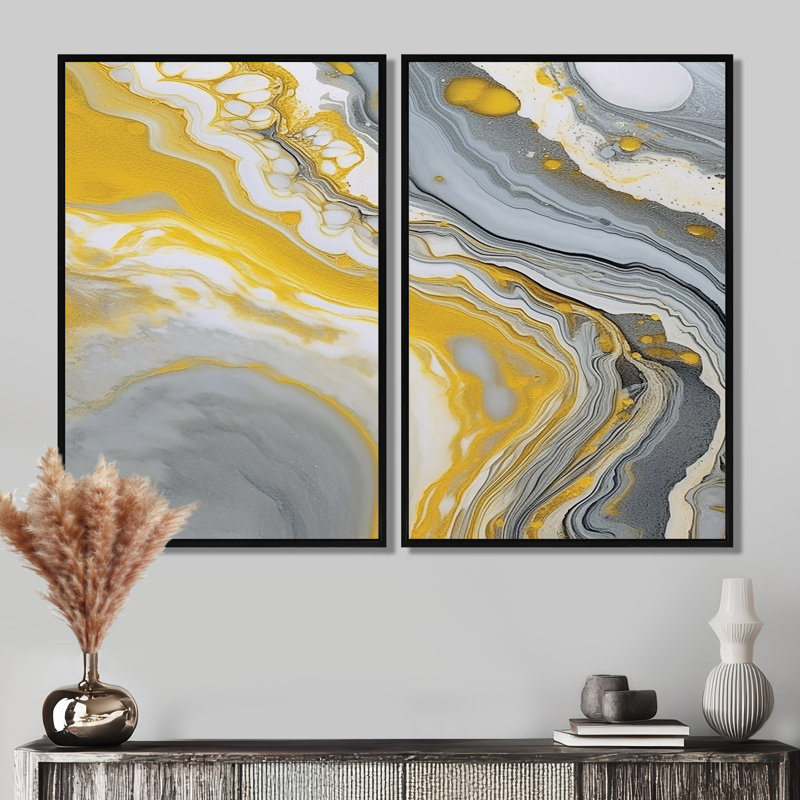 Symphonie marbrée grise et jaune - art mural abstrait grand, 36" H x 48" W, Floater Framed Print without Mat, Black