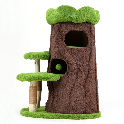 Arbre à chat de luxe pour grands chats d'intérieur, tour à chat en bois moderne avec maison à 3 niveaux, perchoir confortable 2 *, lit d'observation doux 1 *, base large robuste, poteau à griffer en sisal