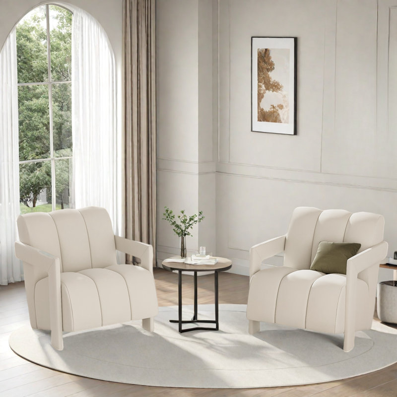Set Of 2 Modern Armchairs With L-Shaped Armrests, White Polyester