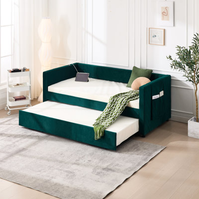 Lit de jour simple avec lit gigogne, bâbord, poches latérales, grain de V, revêtement en velours, sans sommier, convient pour la chambre à coucher, lit stable, design ou chambre d'amis