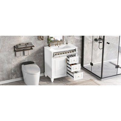 Meuble-lavabo de 30 pouces avec lavabo, meuble-lavabo autoportant blanc avec tiroir rabattable, 3 tiroirs et armoire de rangement, bois massif et panneau de fibres à densité moyenne, plateau de lavabo en céramique