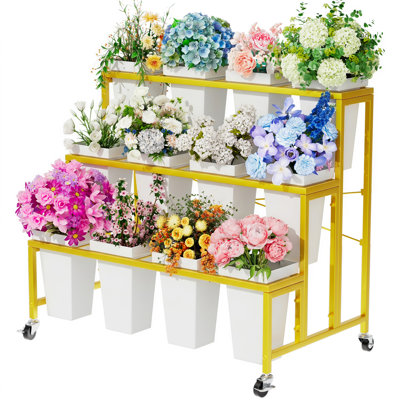 3 Tier Metal Flower Display Plant Stand with 12  Plastic Flower Buckets, Mobile Heavy-Duty Flower Cart with Lockable 360° Wheels, Indoor Outdoor Patio Garden Florist Display Rack, 220lbs Load, Reinforced Crossbars for Stability