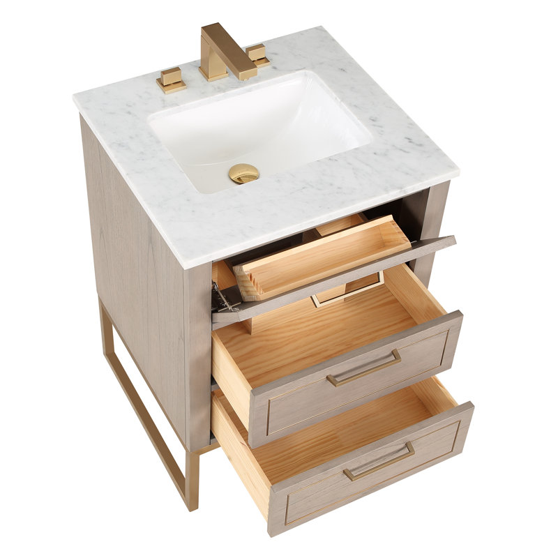 Markham 24'' Single Bathroom Vanity with Top, Cashmere Gray, Carrara Marble, Satin Brass