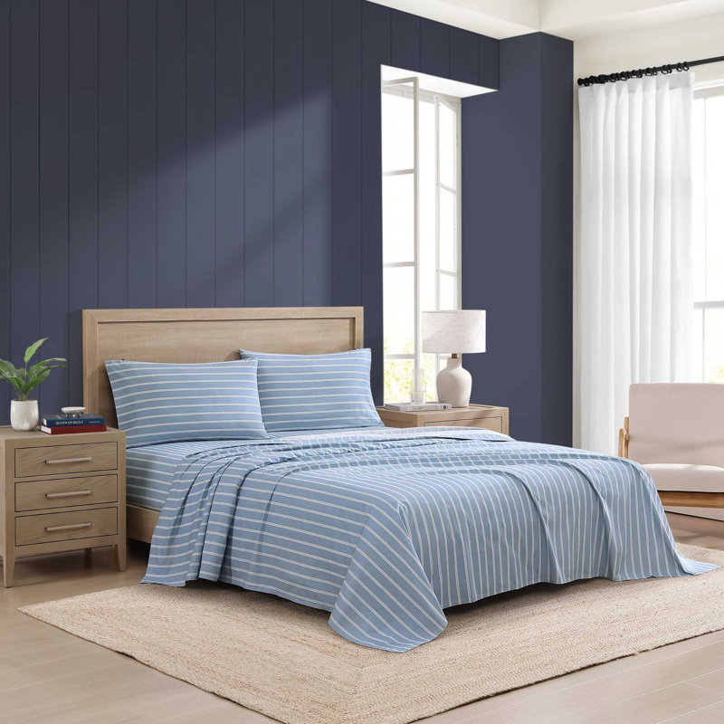 Tommy Hilfiger Printed Percale Cotton Sheet Set, King Sheet Set with 2 Pillowcases, Blue Striped