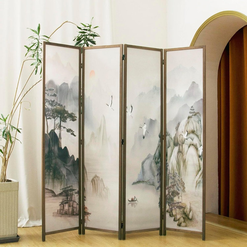 Cloison pliante occultante avec motif de paysage de montagne à l'encre pour la maison et le bureau